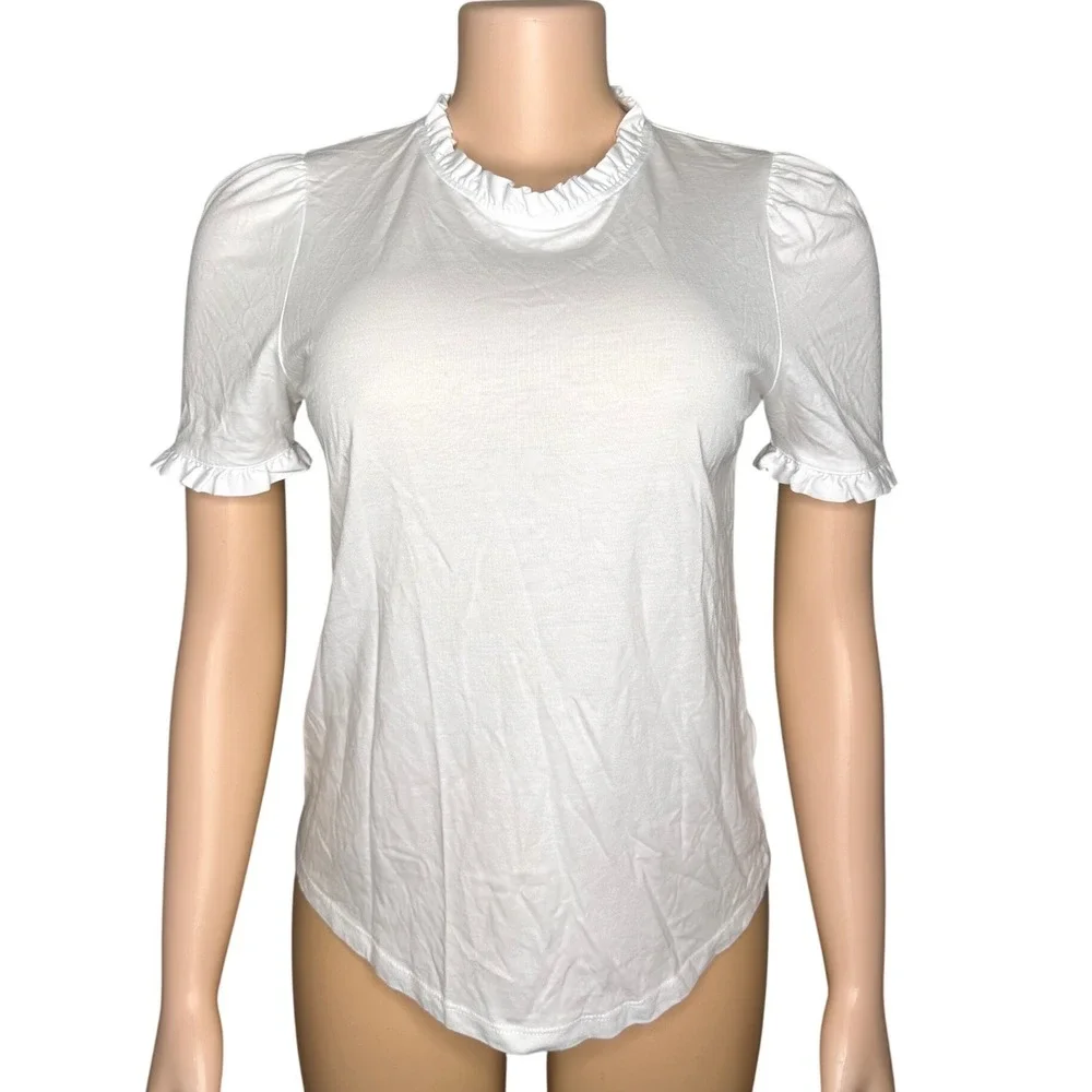 Boden Women's Supersoft Frill Detail Ruffle Neck Puff Sleeve T-shirt Sz 6 White